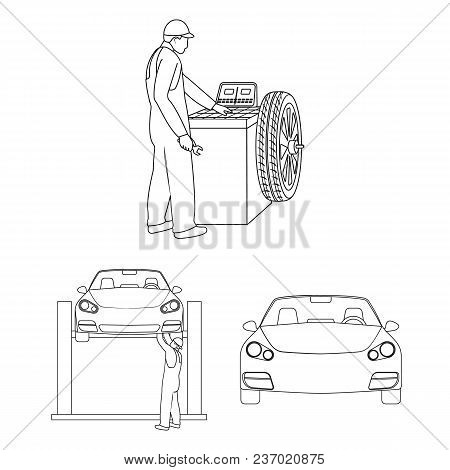 Car, Lift, Pump And Other Equipment Outline Icons In Set Collection For Design. Car Maintenance Stat