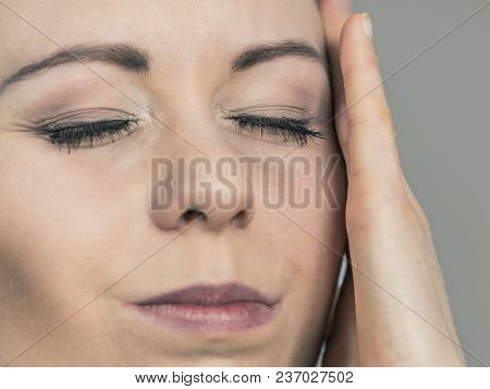Young Blonde Woman Having Serious Migrene Suffering From Horrible Head Ache Feeling Big Pain.