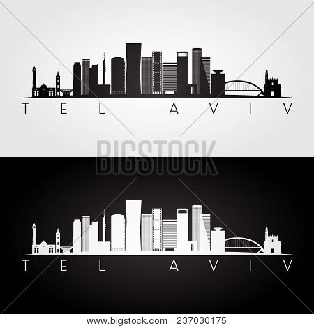 Tel Aviv Skyline And Landmarks Silhouette, Black And White Design, Vector Illustration.