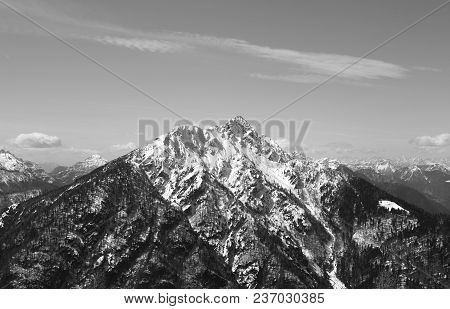High Mountain With Snowed On The Peak In Northern Italy In Winter With Black And White Effect
