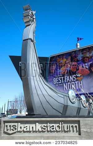 MINNESOTA-MINNEAPOLIS APRIL6, 0218:  Longship boat in front of US Bank Stadium, the home of the Minnesota Vikings