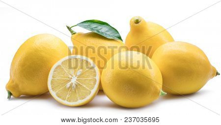 Group of lemon fruits with lemon leaf on the white background.