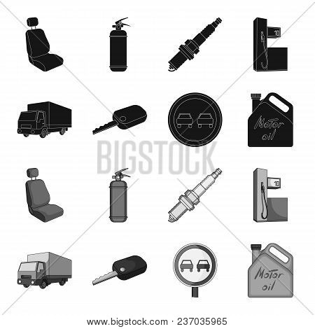 Truck With Awning, Ignition Key, Prohibitory Sign, Engine Oil In Canister, Vehicle Set Collection Ic