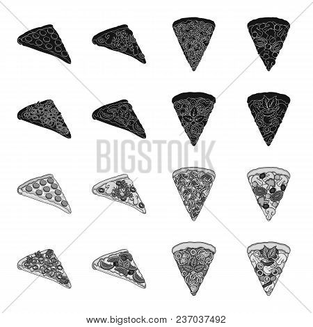 A Slice Of Pizza With Different Ingredients. Different Pizza Set Collection Icons In Black, Monochro