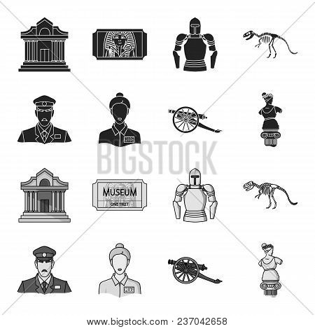 Guard, Guide, Statue, Gun. Museum Set Collection Icons In Black, Monochrome Style Vector Symbol Stoc
