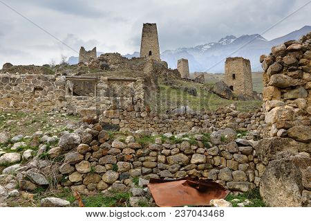 Ghost Town Tsmiti -- Old Ossetian Mountain Settlement  Of Kurtat Gorge In North Ossetia, Near The Ve