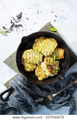 Vegan Vegetable Fritters On A Background Of Gray Stone Or Slate. Fried Vegetarian Cutlets Or Pancake