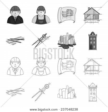 Drawing Accessories, Metropolis, House Model. Architecture Set Collection Icons In Outline, Monochro