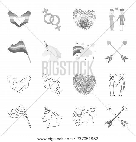 Flag, Unicorn Symbol, Arrows With Heart.gay Set Collection Icons In Outline, Monochrome Style Vector