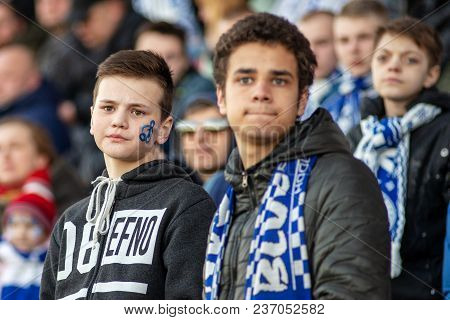 Minsk, Belarus - April 7, 2018: Fc Dynamo Minsk Fans During The Belarusian Premier League Football M