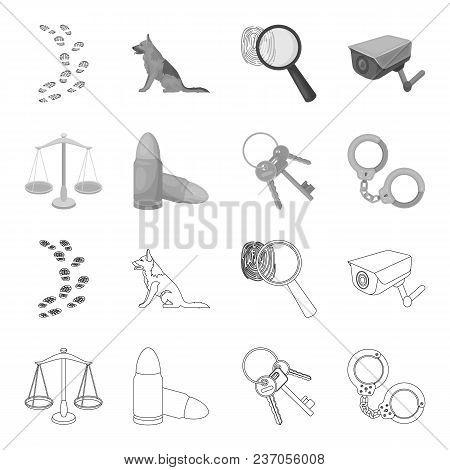 Scales Of Justice, Cartridges, A Bunch Of Keys, Handcuffs.prison Set Collection Icons In Outline, Mo