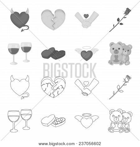 Glasses With Wine, Chocolate Hearts, Bears, Valentine.romantik Set Collection Icons In Outline, Mono