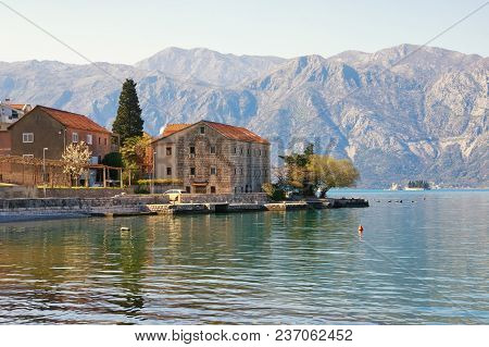 Sunny Mediterranean Landscape.  Montenegro, View Of  Bay Of Kotor ( Adriatic Sea ), Seaside Village 