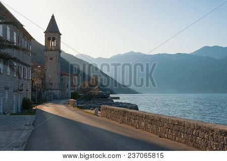 Evening Mediterranean Landscape. Montenegro, Bay Of Kotor (adriatic Sea),  Stoliv Village With Name 