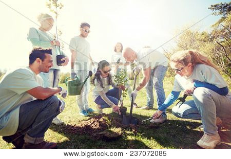 volunteering, charity, people and ecology concept - group of happy volunteers planting tree and digging hole with shovel in park