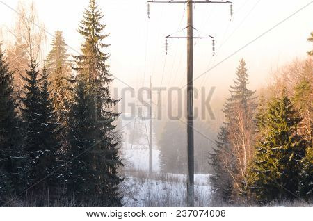 Power Lines In The Foggy Winter Forest On The Hillside.