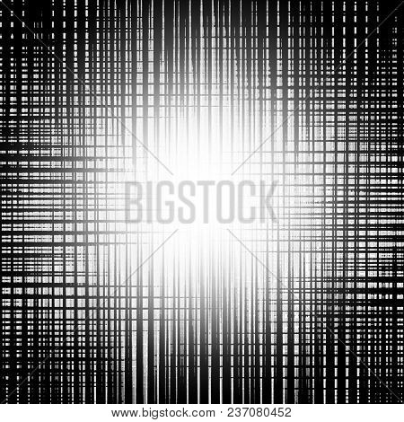 Black And White Halftone Abstract Grunge Background. Geometric Shapes Squares And Stripes Dirt Textu
