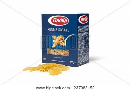 Chisinau, Moldova - April 20, 2018: Barilla Penne Rigate Italian Pasta In A Box Isolated On White Ba