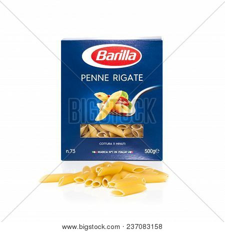 Chisinau, Moldova - April 20, 2018: Barilla Penne Rigate Italian Pasta In A Box Isolated On White Ba