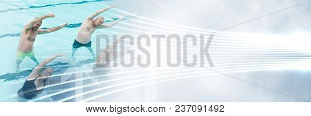 Old People Exercising in Swimming pool with curved lines transition