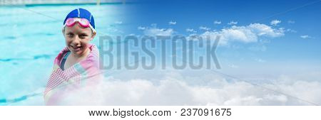 Girl with towel at Swimming pool with sky transition