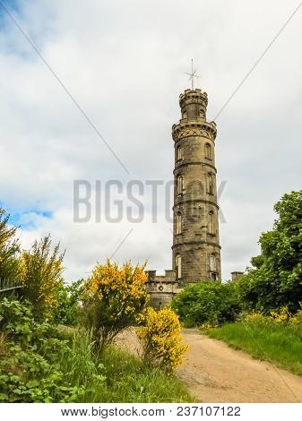 The Nelson Monument Situated On Top Of Calton Hill, Edinburgh, Scotland. Commemorative Tower In Hono