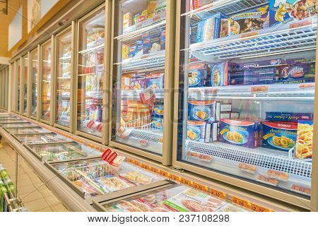 ROME, ITALY - CIRCA NOVEMBER 2017: food inside a fridge in Conad supermarket in Rome.