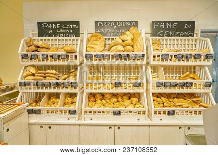 ROME, ITALY - CIRCA NOVEMBER 2017: stalls filled with bread are seen in Conad supermarket in Rome.