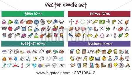 Vector Doodle Icons Set. Stock Cartoon Signs For Design.