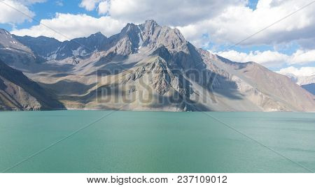 Mountains And Peaks Landscape. Lake Of Yeso. Cajon Del Maipo. Santiago Of Chile