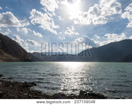 Mountains And Peaks Landscape. Lake Of Yeso. Cajon Del Maipo. Santiago Of Chile