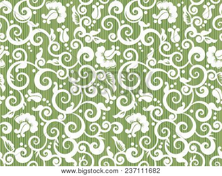 Seamless Vintage White And Green Swirly Floral Pattern With Abstract Roses And Rosebuds, Woodworking