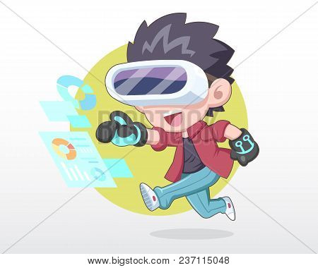 Happy Man In Cute Style Wearing Vr Headset With Exciting Expression