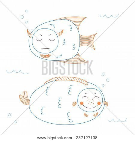 Hand Drawn Vector Illustration Of Funny Fish With Cute Faces With Different Expressions, Swimming In