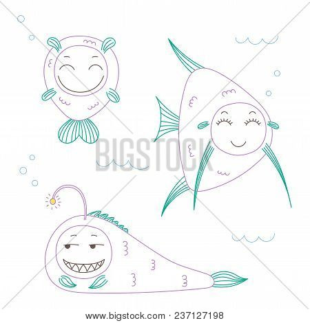 Hand Drawn Vector Illustration Of Funny Fish With Cute Faces With Different Expressions, Swimming In