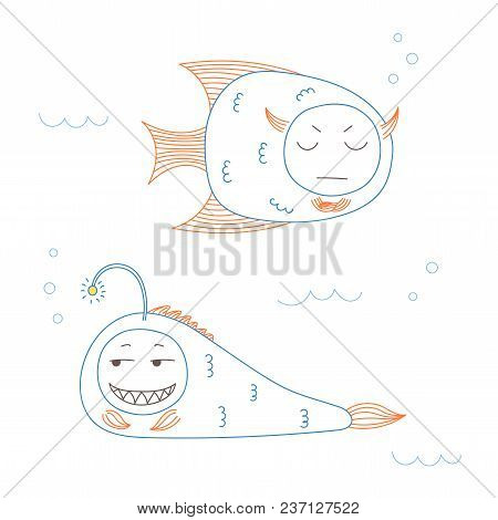 Hand Drawn Vector Illustration Of Funny Fish With Cute Faces With Different Expressions, Swimming In
