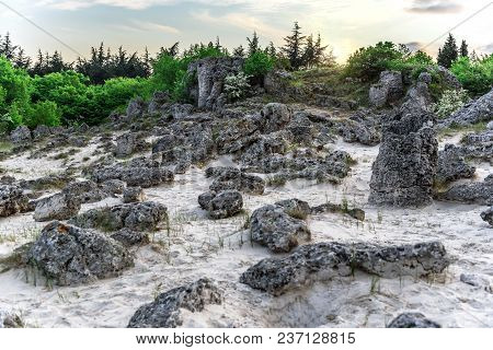 Magnificent Landscape Of Abstract Stones On A Hill At Sunset.