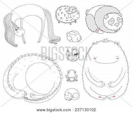 Set Of Hand Drawn Vector Illustrations Of Cute Sleeping Animals: Rabbit, Curled Up Cat, Dragon, Duck