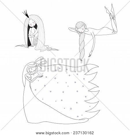 Set Of Hand Drawn Vector Illustrations Of Cute Sleeping Girls: In A Night Gown And Socks, Princess W