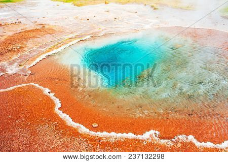 Thermal Lake Blesi Near The Strokkur Geysir, Golden Circle Route In Iceland