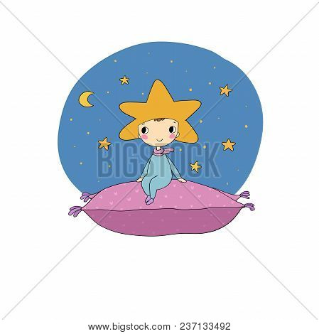 A Boy Star Sits On A Pillow. Lovely Dwarf. A Cartoon Elf.
