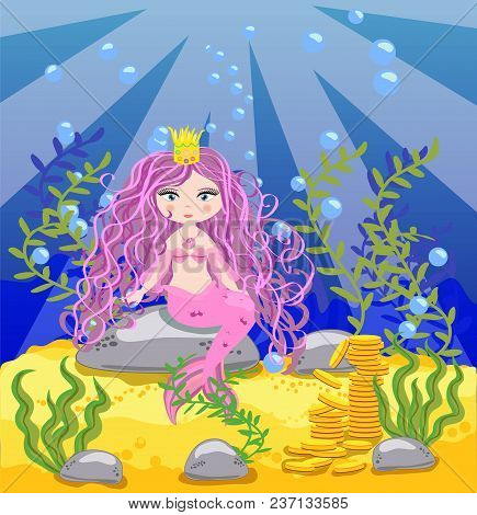 Vector Background With An Underwater World In A Children's Style. A Mermaid Is Sitting On A Rock. Wo