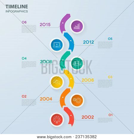 Infographics Timeline Template With Realistic Colorful Circles For 6 Steps And Icons.