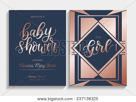 Baby Shower Cards Set With Lettering. Modern Geometric Design With Navy Blue And  Rose Gold Colors. 