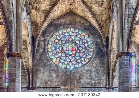 Barcelona - August 10: Rose Window Of The Gothic Church Of Santa Maria Del Mar In The Ribera Distric