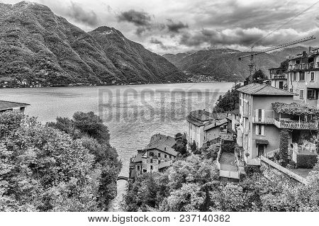 Scenic Landscape Over The Lake Como, As Seen From The Town Of Bellano, Italy