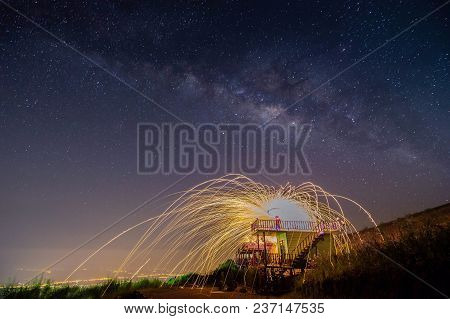 Night Landscape Mountain And Wield The Fire , Milkyway Galaxy Background , Long Exposure ,low Light