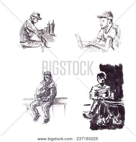 Quick Sketches Of Black Ink Male Figures In A Graphic Style, Behind A Netbook And At The Table