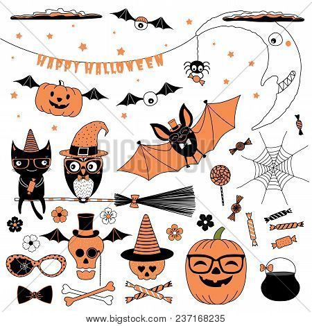 Set Of Hand Drawn Vector Halloween Design Elements Witch Hat, Flying Pumpkin, Glasses, Spider, Candy
