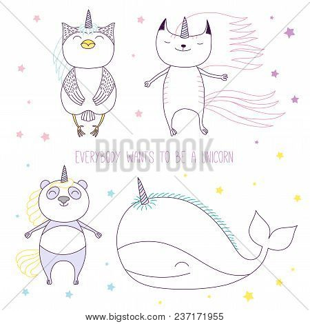 Hand Drawn Vector Illustration Of A Cute Whale, Cat, Panda And Owl As Unicorns Among The Stars, With